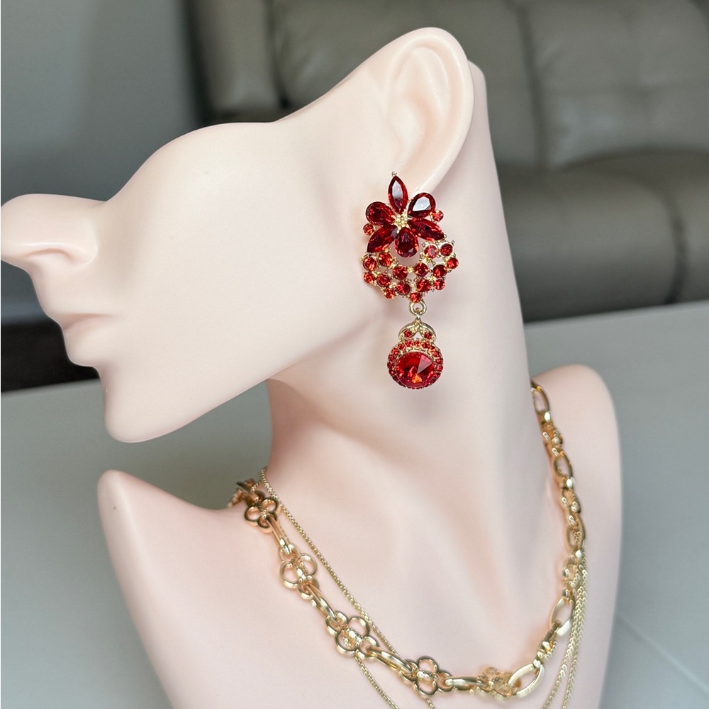 Red Crystal Drop Statement Earrings - Women Jewelry